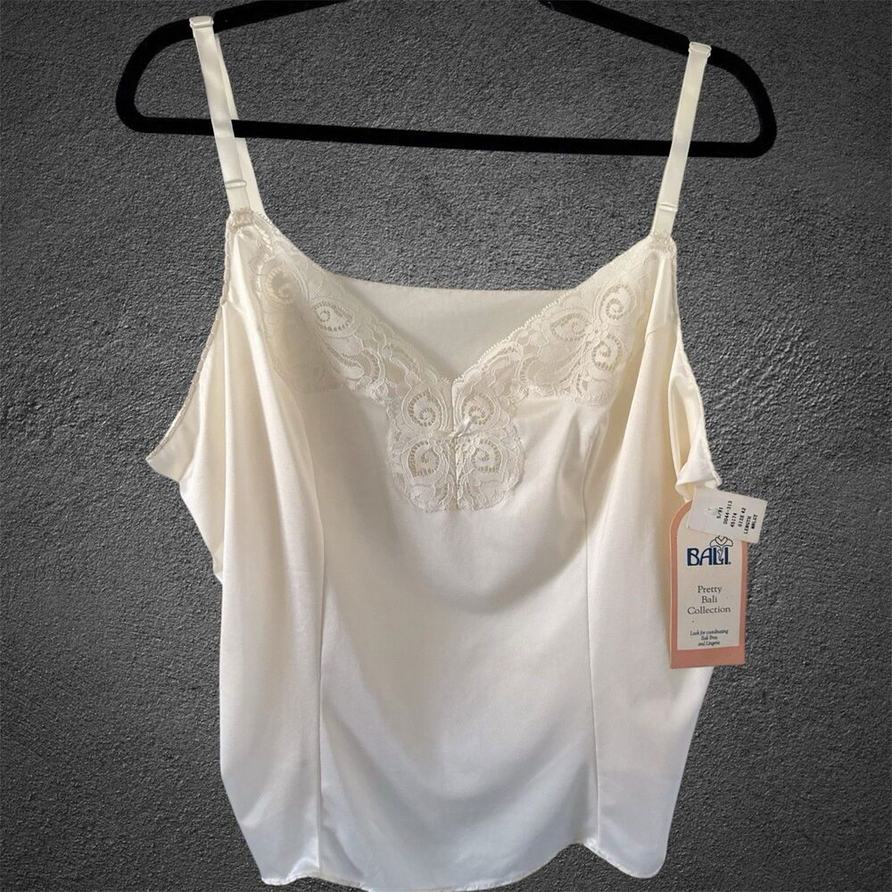 Vintage Satin Lace Trim Beige Cream Ivory Cami Bali 42 L Large Nylon Antron NEW
